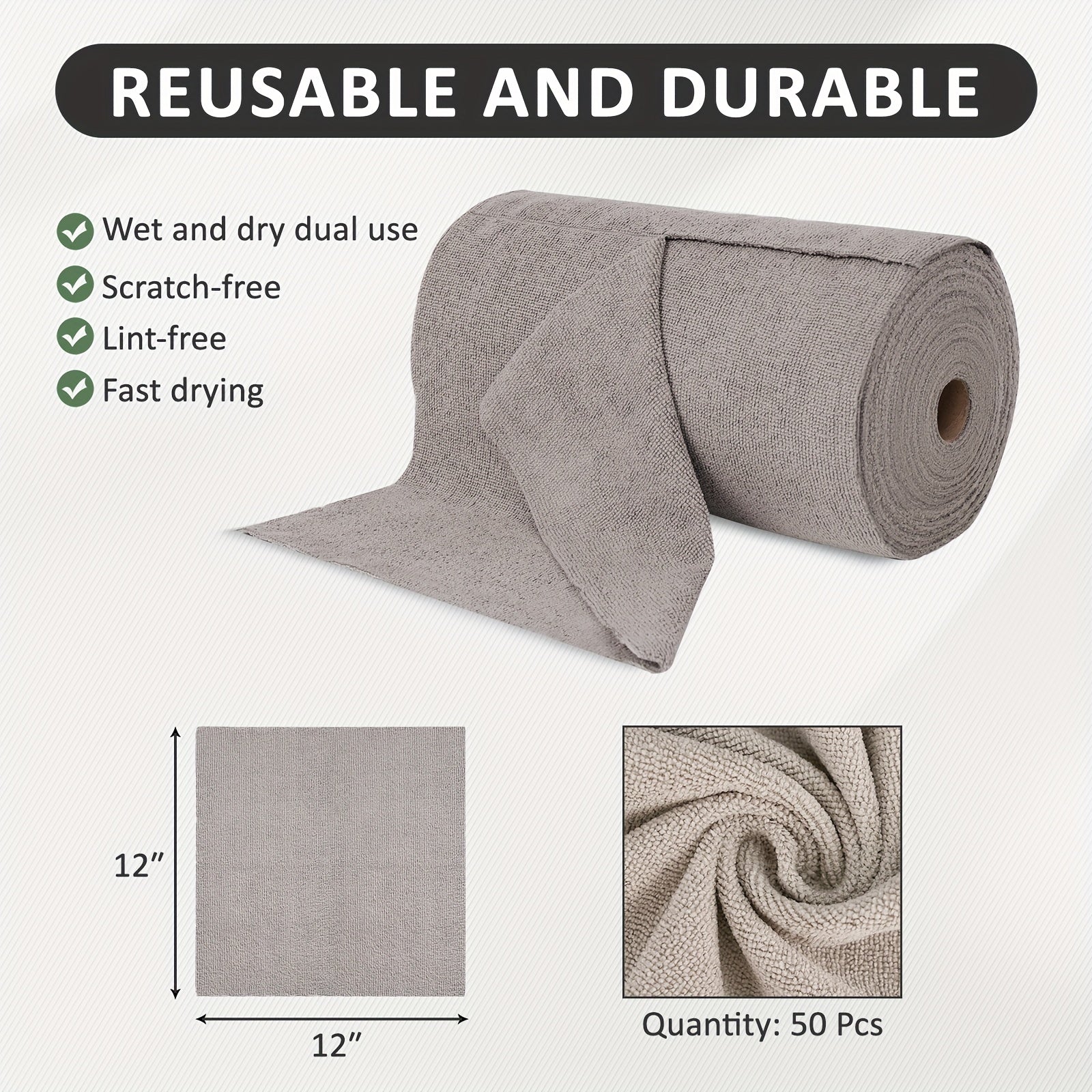 Reusable Microfiber\u002F\u002FNylon Cleaning Cloths Roll - Washable Tear-Off Paper Towels with 12×12 Absorbent Rags, Dishcloths Suitable for Kitchen, House, Car - Cost-Effective & Replacement Sheets