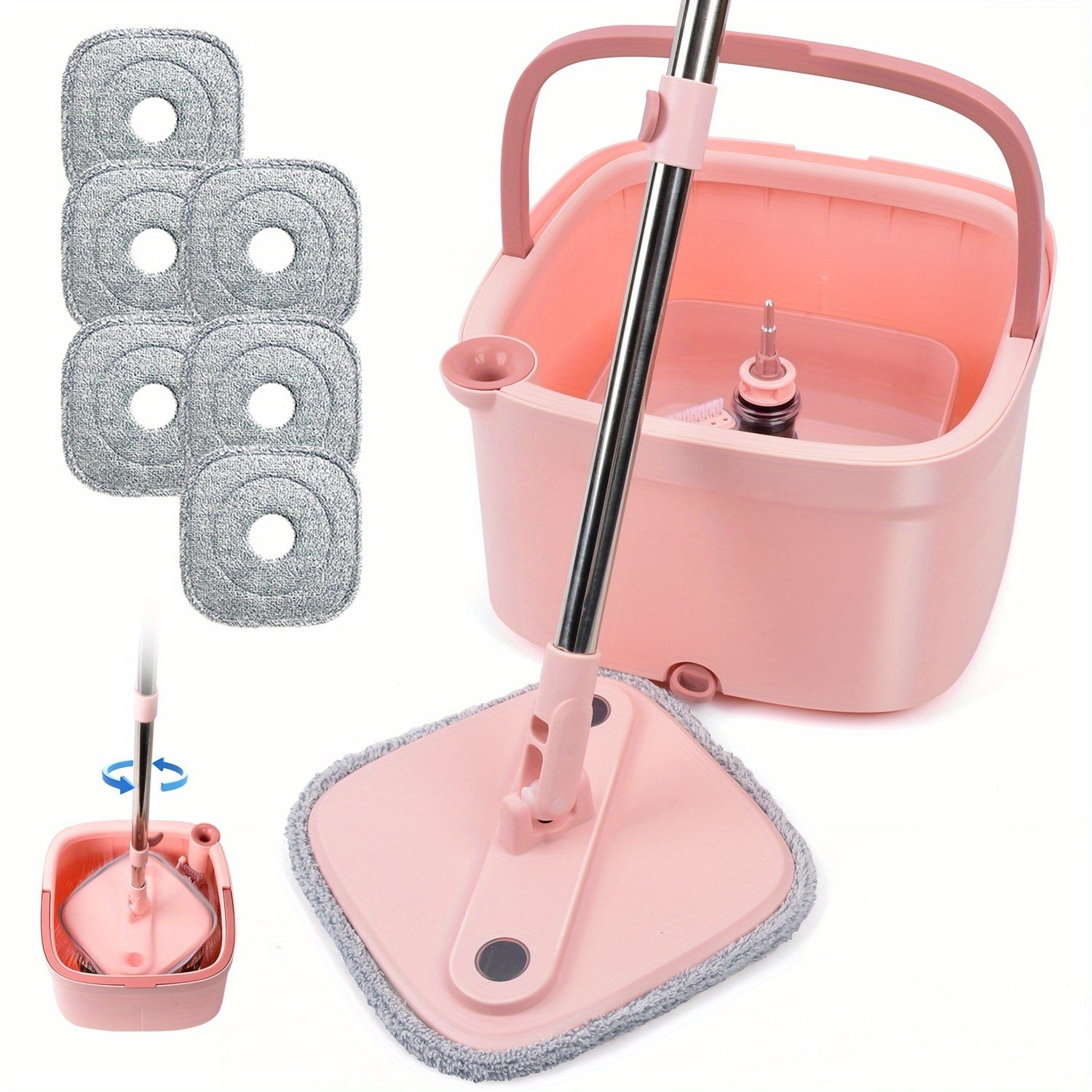 Spin Mop and Bucket Set w Self-Separation Dirty and Clean Water System, 360° Rotating Mop for Hardwood Tile Marble Floors - Includes 2 6pcs Refills