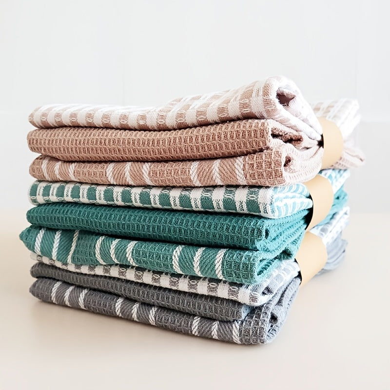 Soft Kitchen Towels 3pcs Set of Soft Absorbent Kitchen Towels | Large Size Durable Waffle Weave Dishcloth, Pure Green with Plaid and Striped Patterns, Easy to Clean and Dry - Perfect for Cooking, Baking and Tea Time