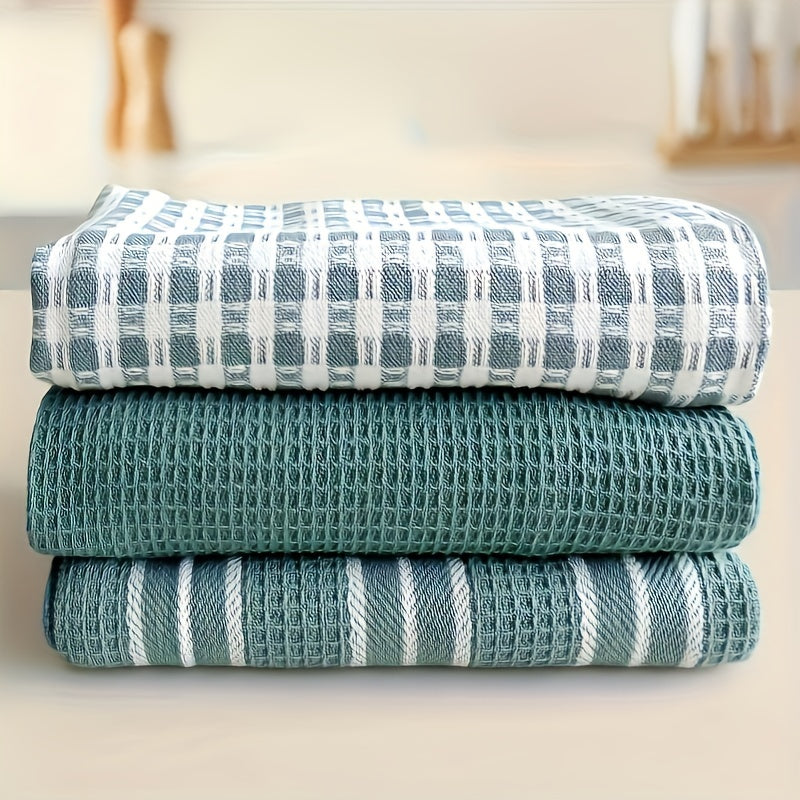 Soft Kitchen Towels 3pcs Set of Soft Absorbent Kitchen Towels | Large Size Durable Waffle Weave Dishcloth, Pure Green with Plaid and Striped Patterns, Easy to Clean and Dry - Perfect for Cooking, Baking and Tea Time