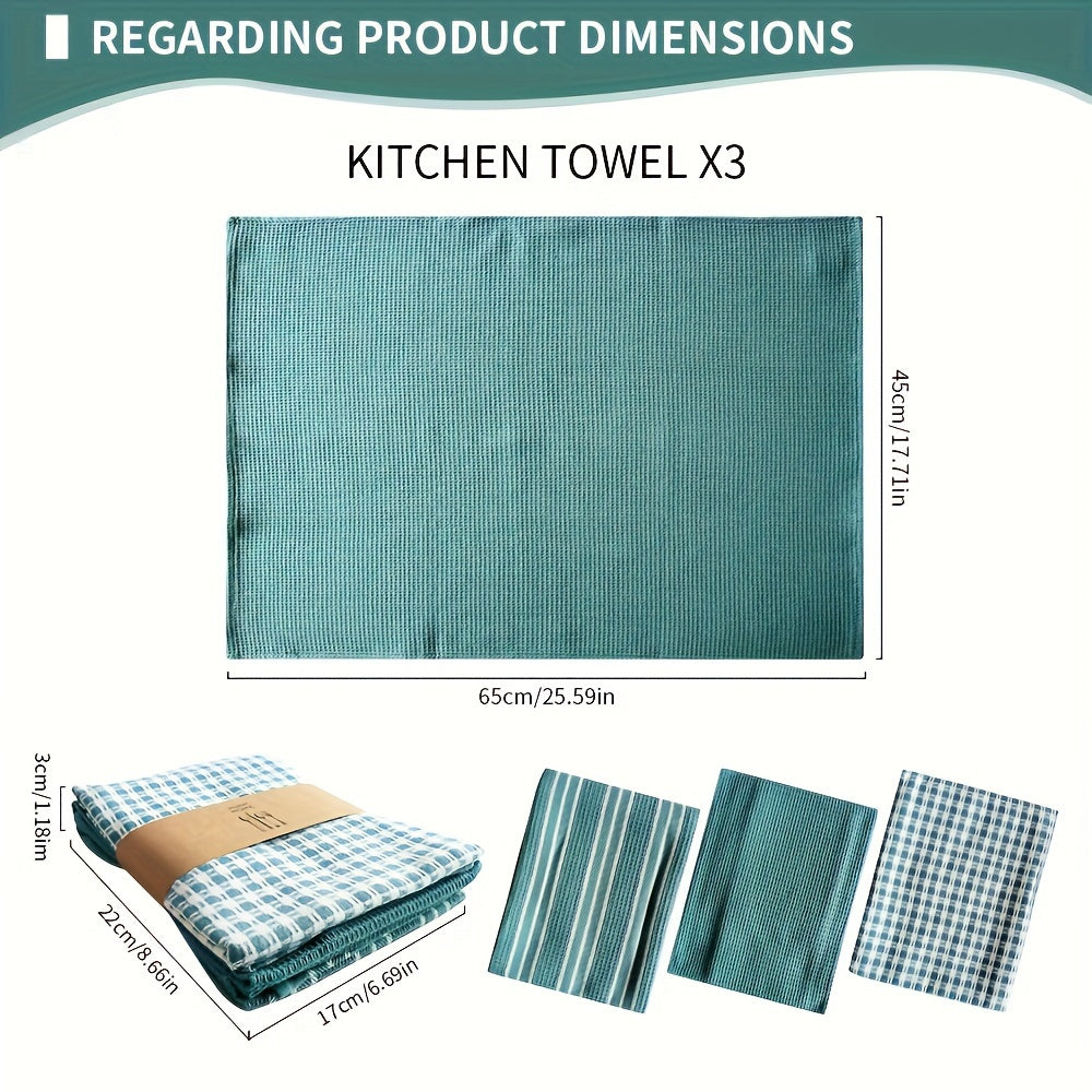 Soft Kitchen Towels 3pcs Set of Soft Absorbent Kitchen Towels | Large Size Durable Waffle Weave Dishcloth, Pure Green with Plaid and Striped Patterns, Easy to Clean and Dry - Perfect for Cooking, Baking and Tea Time