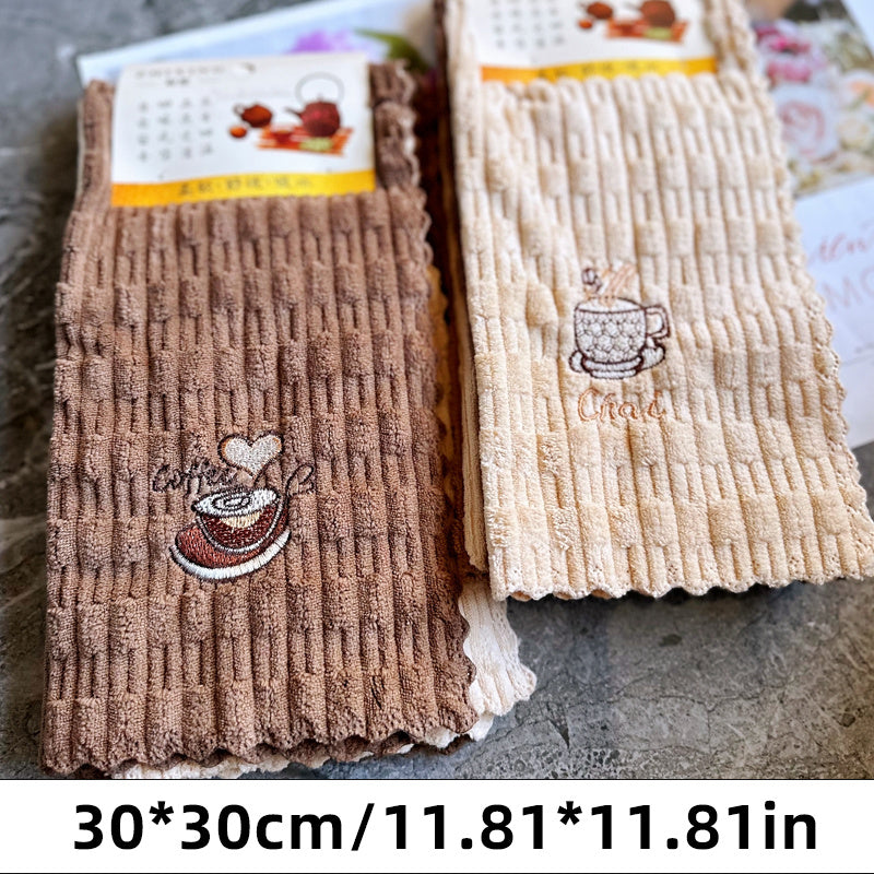 4pcs Coffee Embroidered Dish Cloths, Quick-Dry Cleaning Cloths, Thickened and Enlarged Kitchen Towels, Soft and Breathable, Suitable for Bathroom Towels, Car Polishing Pads, and Dishwashing Glass Wiping. Reusable Square Towel, Random Style