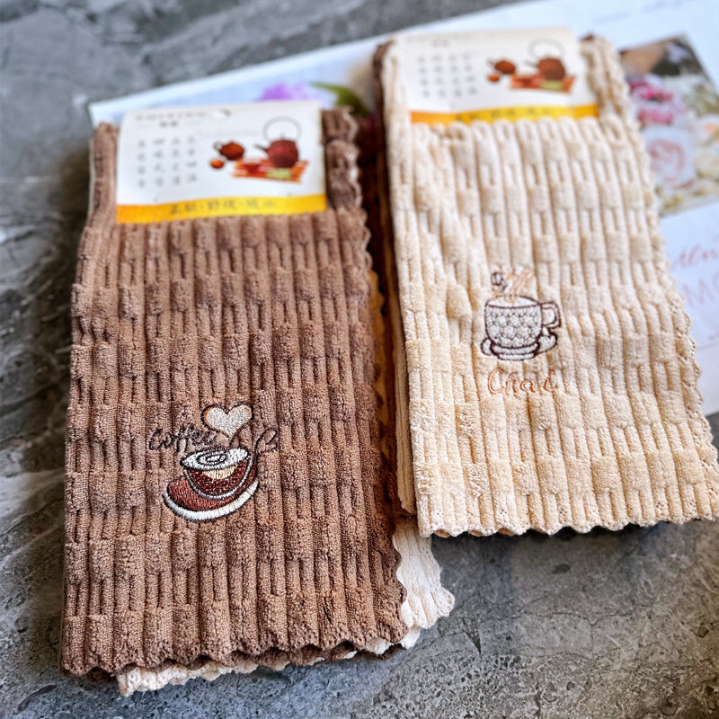 4pcs Coffee Embroidered Dish Cloths, Quick-Dry Cleaning Cloths, Thickened and Enlarged Kitchen Towels, Soft and Breathable, Suitable for Bathroom Towels, Car Polishing Pads, and Dishwashing Glass Wiping. Reusable Square Towel, Random Style