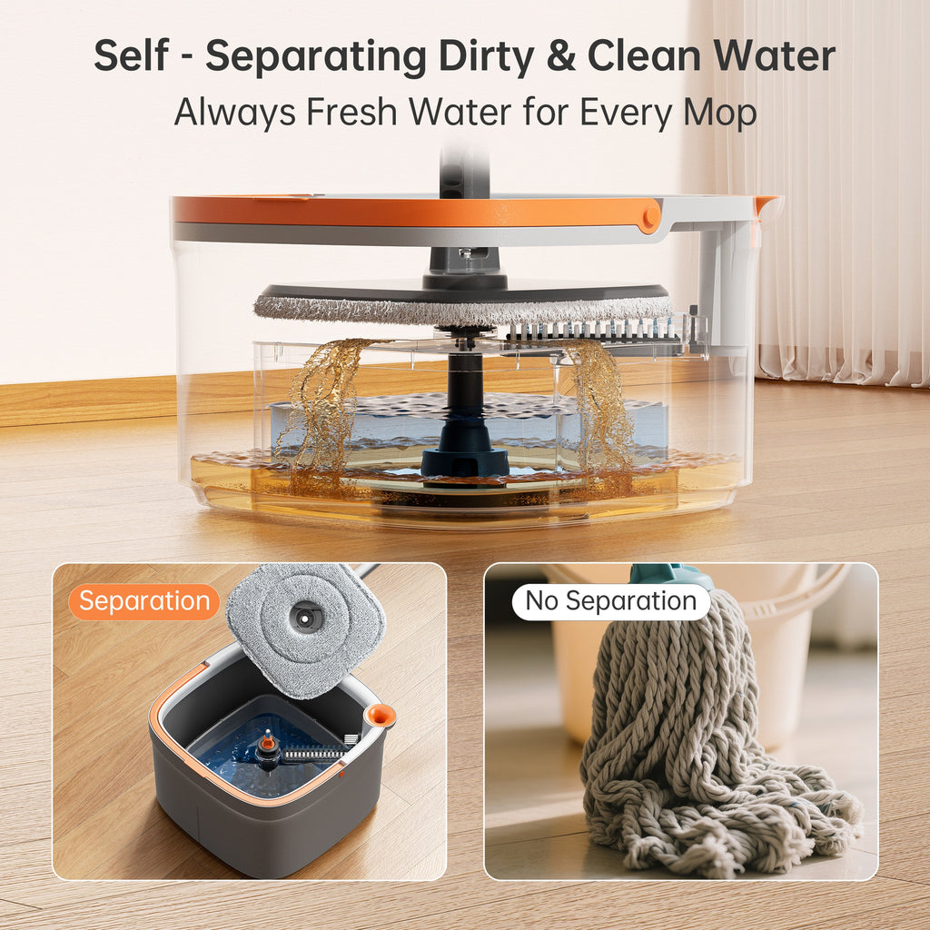 Spin Mop and Bucket Set w Self-Separation Dirty and Clean Water System, 360° Rotating Mop for Hardwood Tile Marble Floors - Includes 2 6pcs Refills
