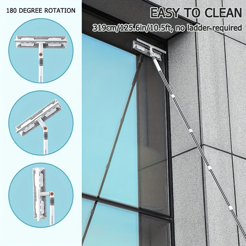 125.6inch Ultra Long 2-in-1Professional Window Scraping Mop, Double-Sided Squeegee And 4pcs Microfiber Cloth, Stainless Steel Telescopic Handle, Reusable, Effortless, Window Cleaning Without A Ladder, Outdoor Cleaning Tool, Mother'S Day Gifts