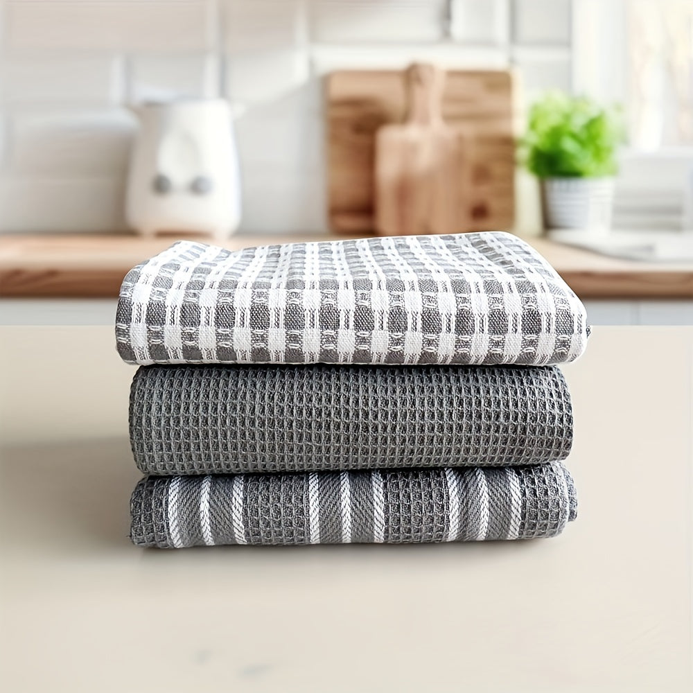 Soft Kitchen Towels 3pcs Set of Soft Absorbent Kitchen Towels | Large Size Durable Waffle Weave Dishcloth, Pure Green with Plaid and Striped Patterns, Easy to Clean and Dry - Perfect for Cooking, Baking and Tea Time