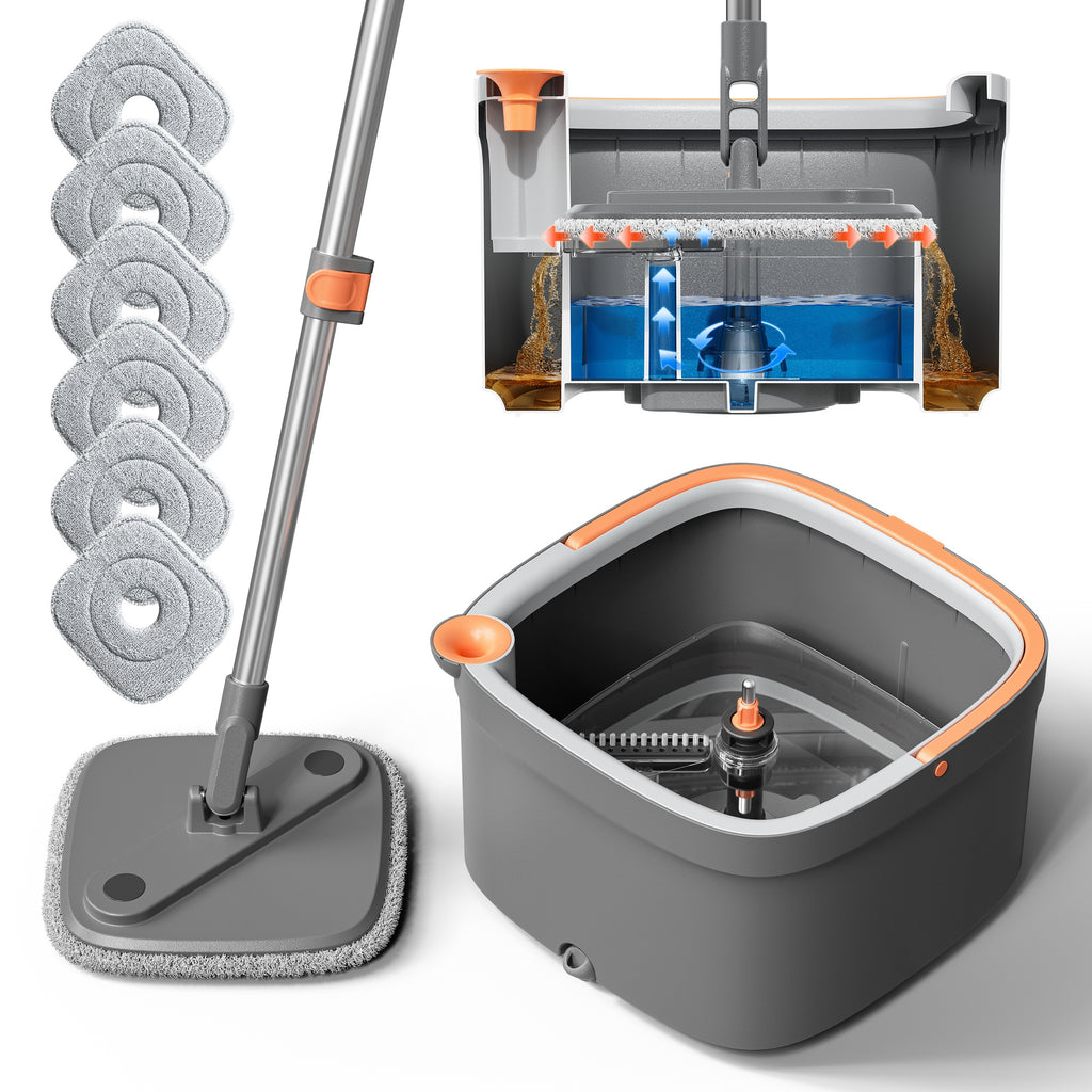 Spin Mop and Bucket Set w Self-Separation Dirty and Clean Water System, 360° Rotating Mop for Hardwood Tile Marble Floors - Includes 2 6pcs Refills