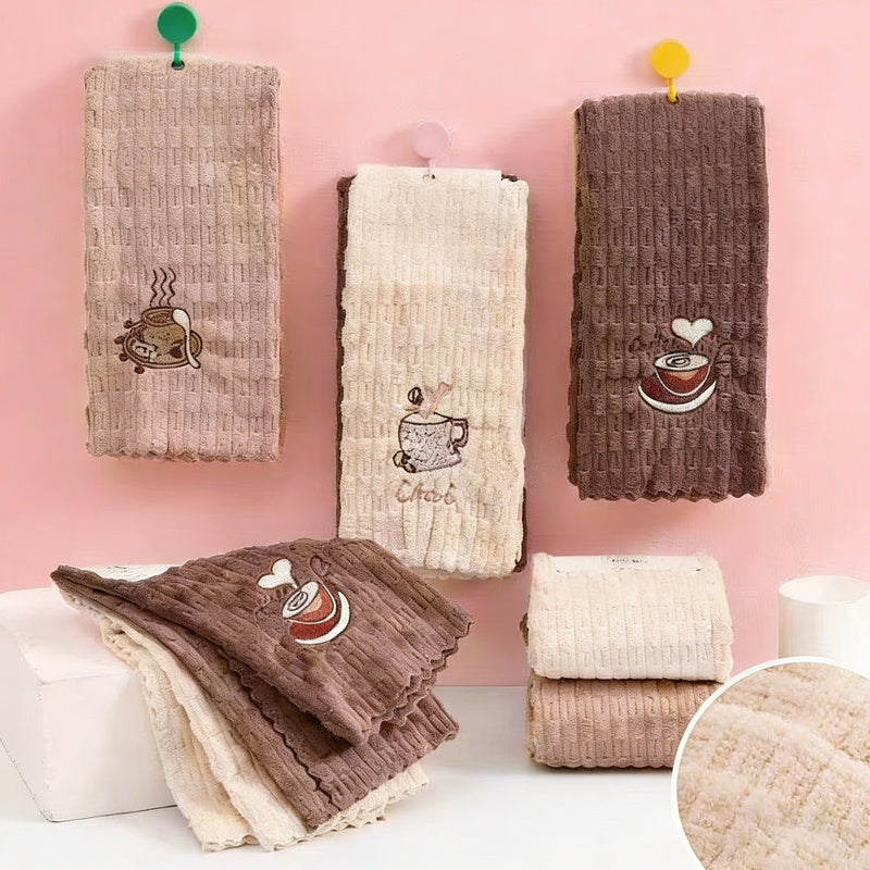 4pcs Coffee Embroidered Dish Cloths, Quick-Dry Cleaning Cloths, Thickened and Enlarged Kitchen Towels, Soft and Breathable, Suitable for Bathroom Towels, Car Polishing Pads, and Dishwashing Glass Wiping. Reusable Square Towel, Random Style