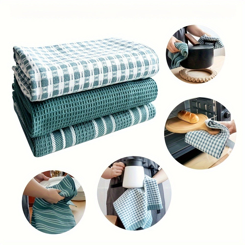 Soft Kitchen Towels 3pcs Set of Soft Absorbent Kitchen Towels | Large Size Durable Waffle Weave Dishcloth, Pure Green with Plaid and Striped Patterns, Easy to Clean and Dry - Perfect for Cooking, Baking and Tea Time