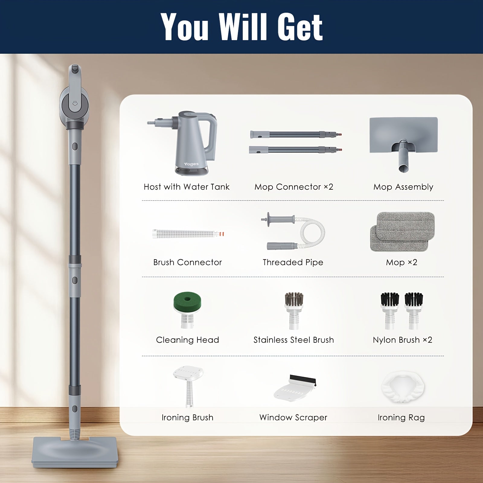 Steam mop, steam cleaner, detachable handheld carpet cleaner, household and floor cleaner, corded household steam cleaner, 10in 1 multifunctional accessory and 2 mats, powerful sofa steamer, hardwood, tiles, cement paste, windows, kitchen, bathroom