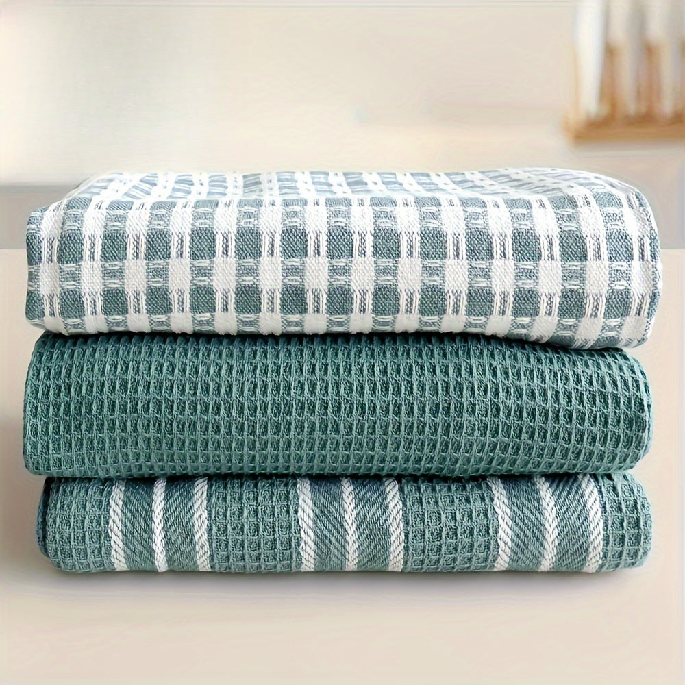 Soft Kitchen Towels 3pcs Set of Soft Absorbent Kitchen Towels | Large Size Durable Waffle Weave Dishcloth, Pure Green with Plaid and Striped Patterns, Easy to Clean and Dry - Perfect for Cooking, Baking and Tea Time